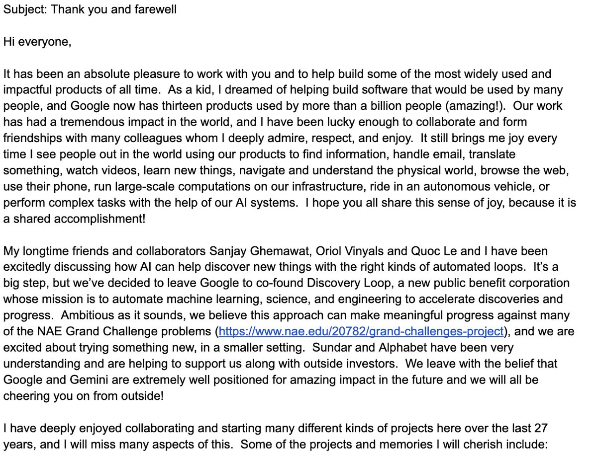 Jeff Dean宣布离开Google，将创办AI公司DiscoLoopAI