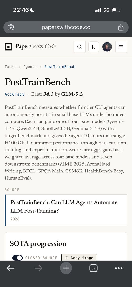 GLM-5.2在PostTrainBench上超越GPT-5.5和Opus 4.8。