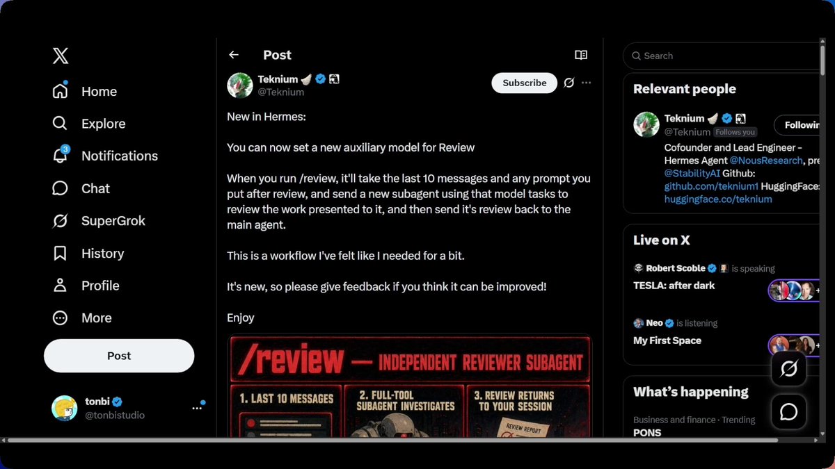 介绍Hermes新增的/review斜杠命令，可配置辅助模型进行代码审查。