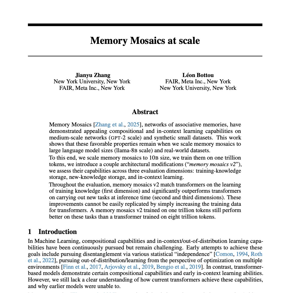 Meta 发布 Memory Mosaics 论文,或颠覆 Transformer 架构