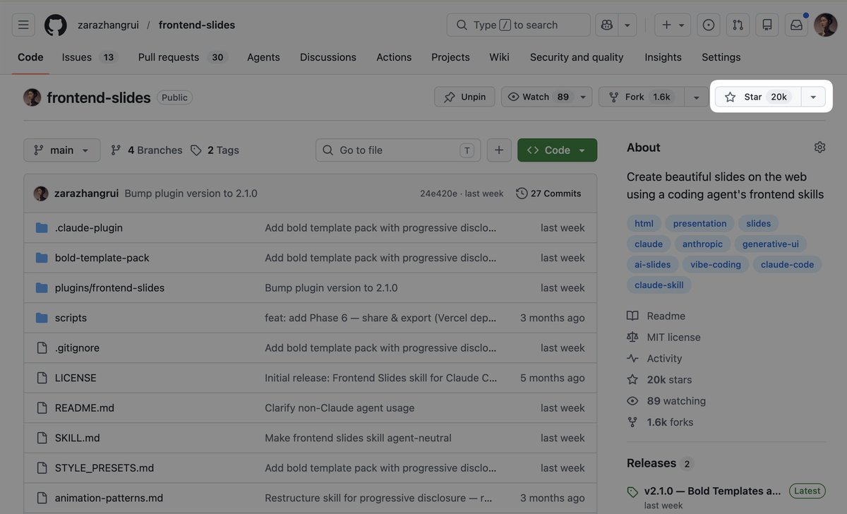 Frontend Slides 获 GitHub 2万星，新添模板与发布功能