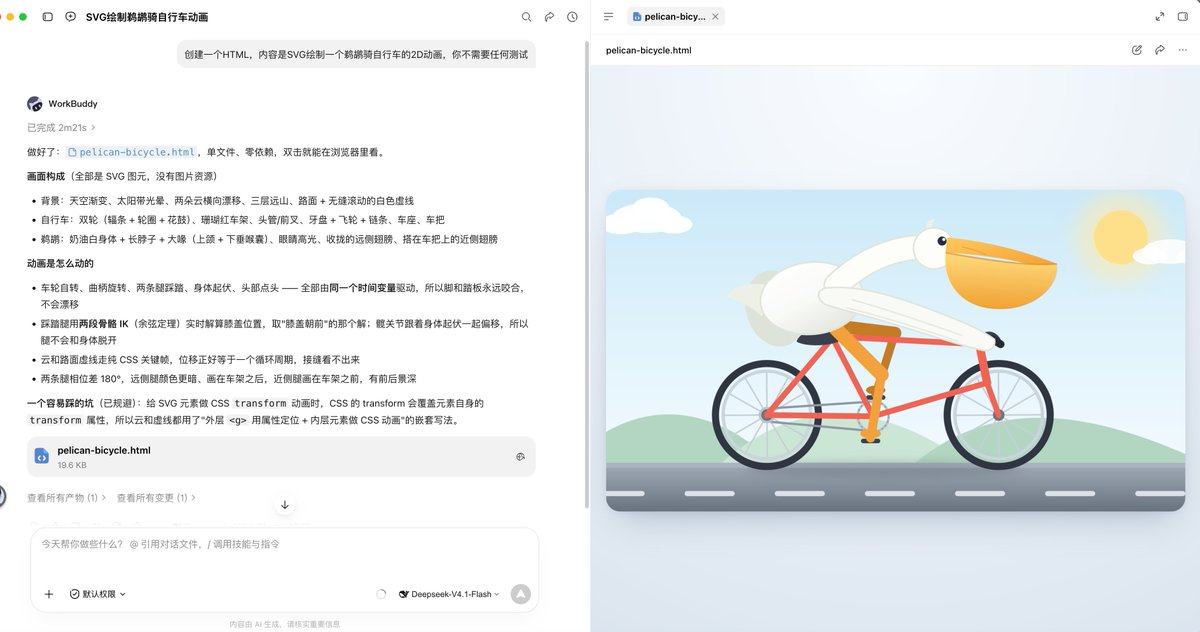 用免费的 DeepSeek V4.1 Flash 测试鹈鹕骑自行车,效果不错