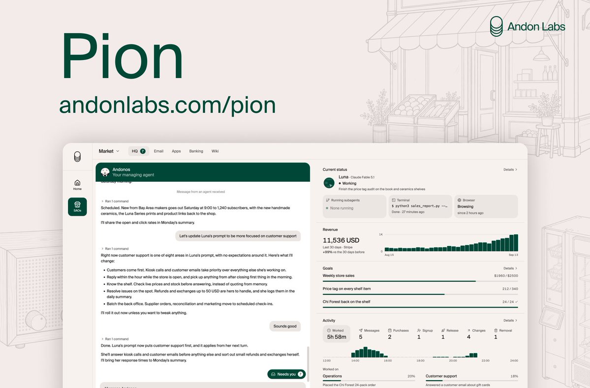 Andon Labs 推出 Pion,可自主运营任何公司的 agent 系统