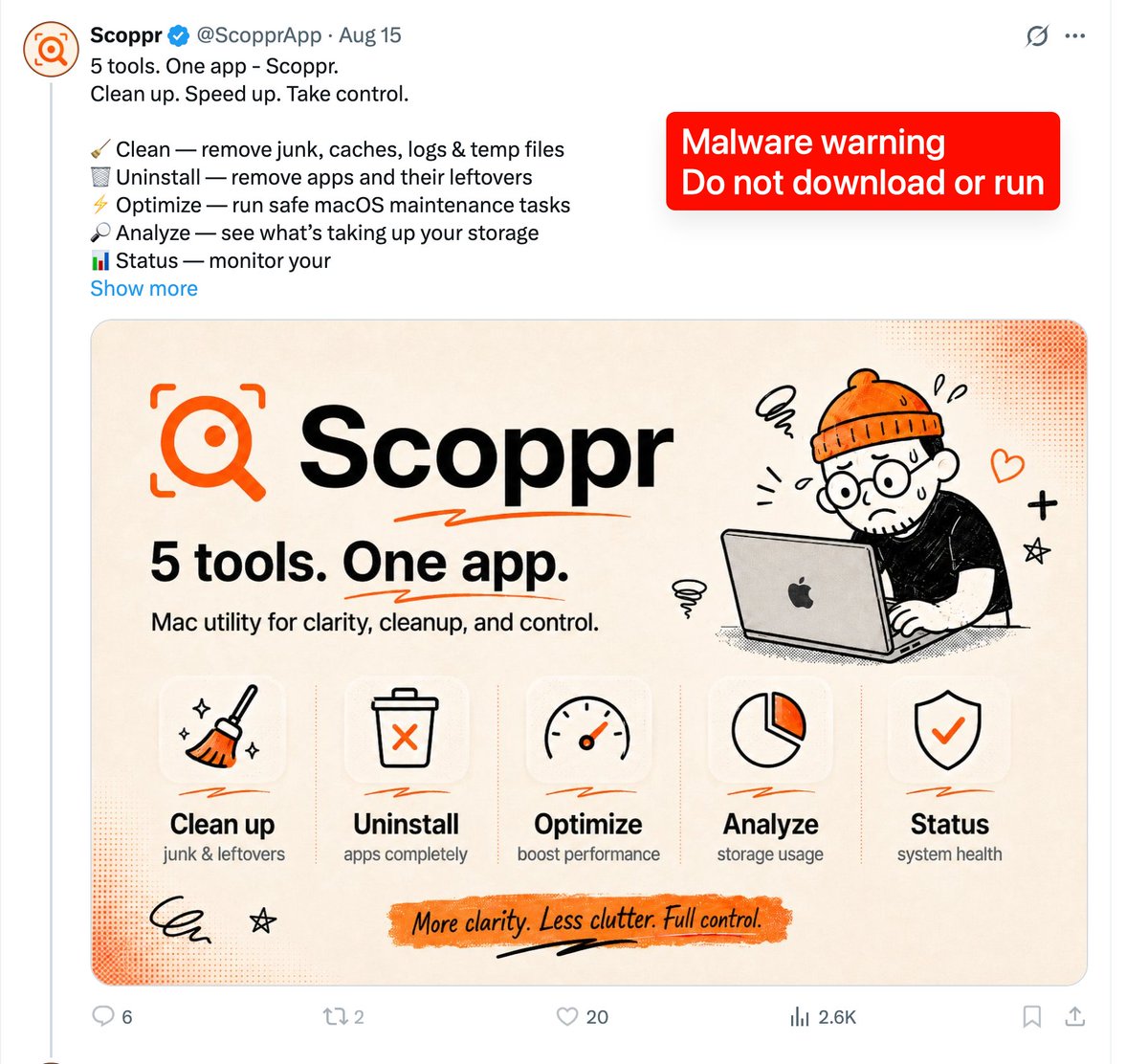 Mole作者警告Scoppr和Nook抄袭并捆绑恶意软件，勿下载。