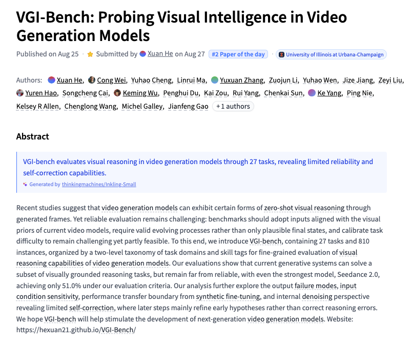 介绍VGI-Bench基准，用于探测视频生成模型的视觉智能。