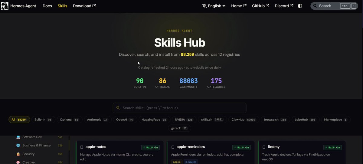 Nous Research发布Hermes Skills Hub，含691个AI技能。