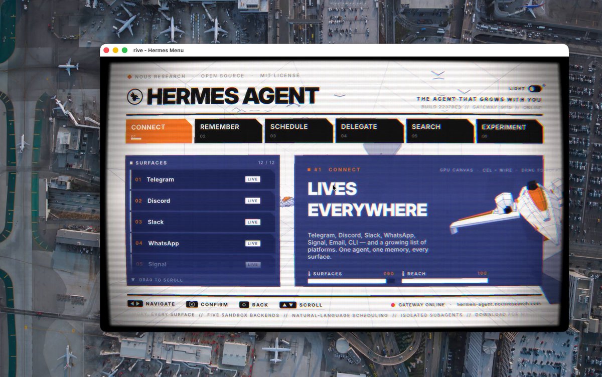 用户让 Hermes Agent 安装 riveapp CLI,把 Hermes 主页重做成可交互游戏菜单