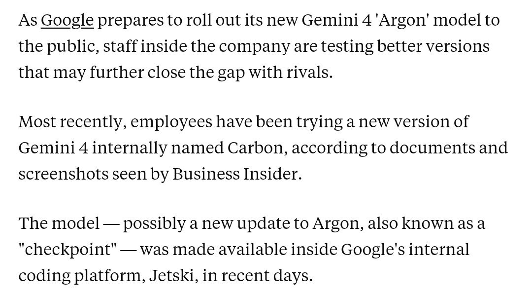 Business Insider 称 Google 内部测试 Gemini 4 新检查点 Carbon,编码对标 Opus 5.5