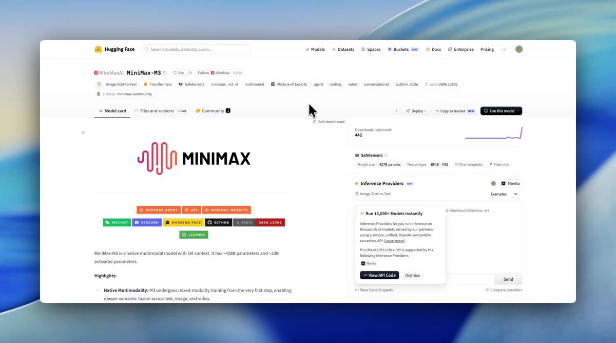 MiniMax M3 模型在 Hugging Face 上线