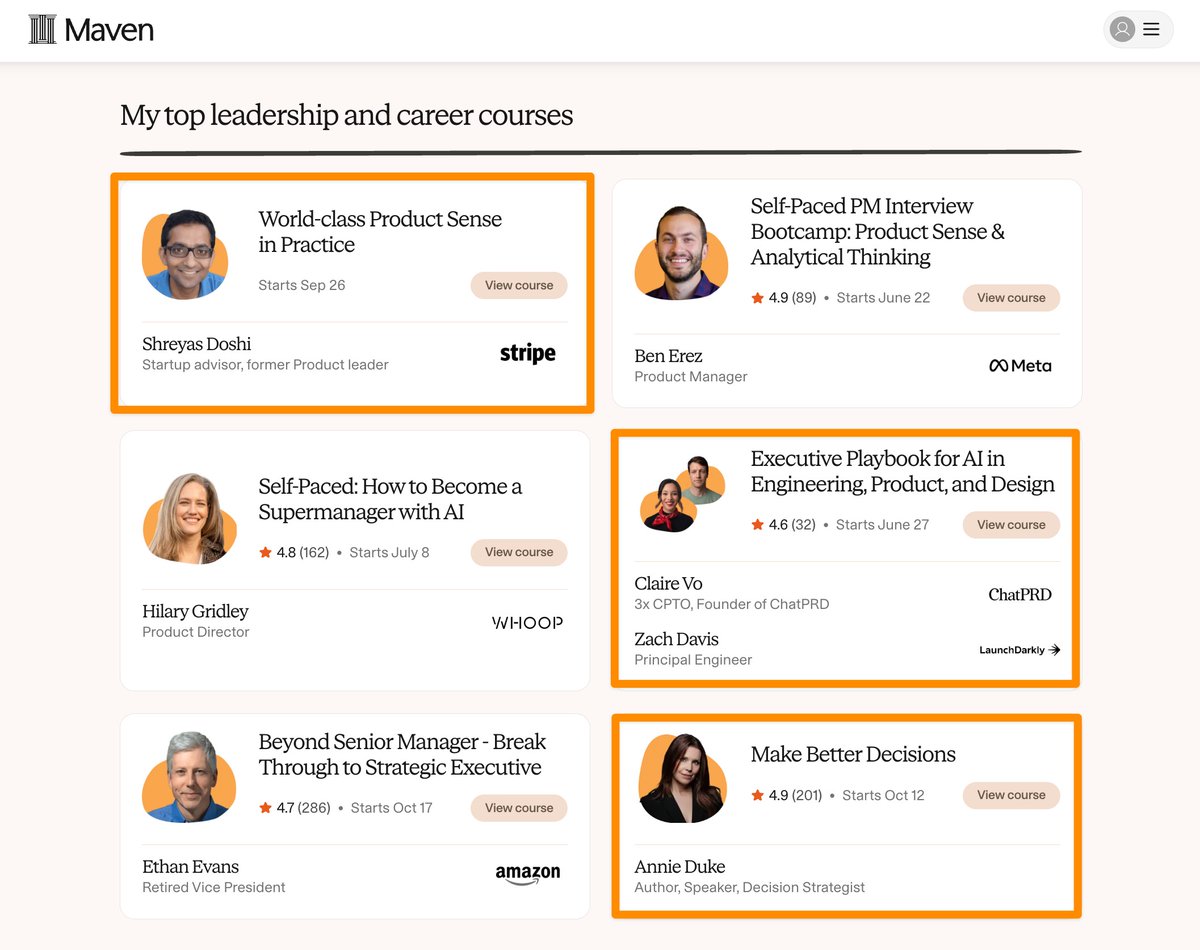 推荐MavenHQ三课程：产品决策、AI转型、决策制定。