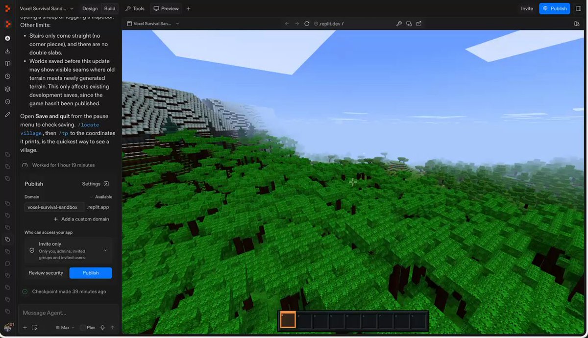 Opus 5.5 用单条 prompt 在 Replit 生成 Minecraft,约 1 小时花费 20 美元