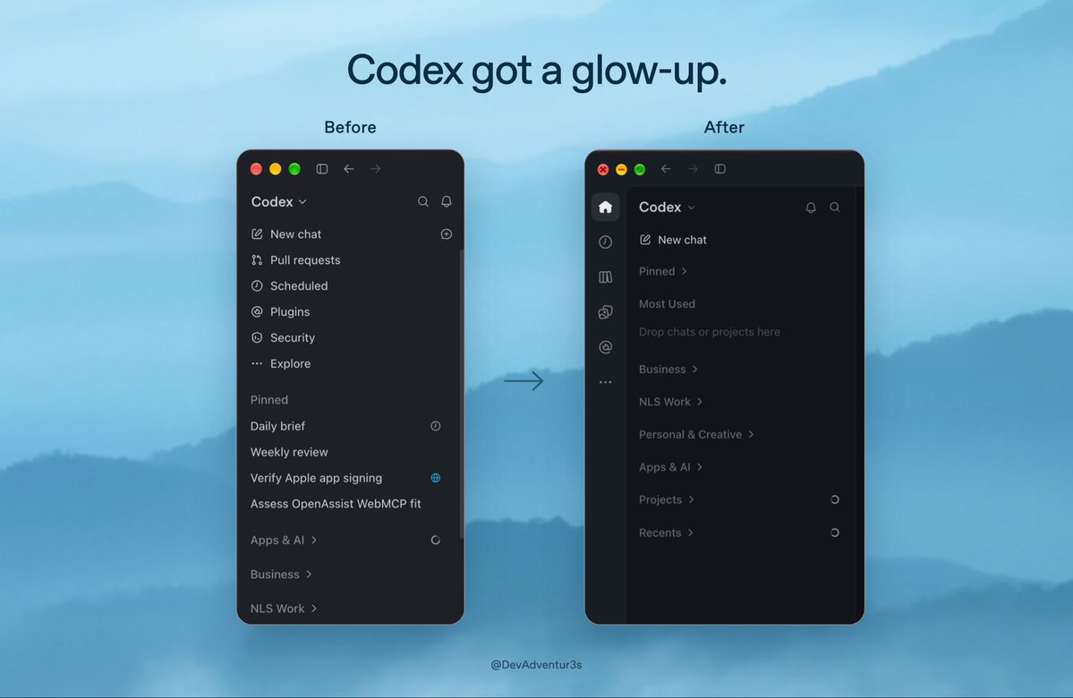 Codex 团队重做侧边栏,界面更简洁、更接近原生 Apple 应用。