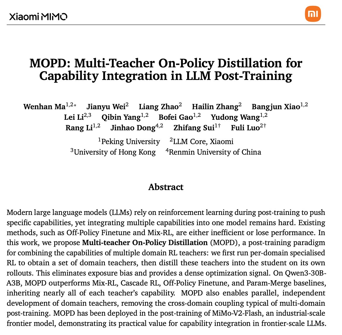 MiMo-V2-Flash的MOPD被广泛采用，论文已发布