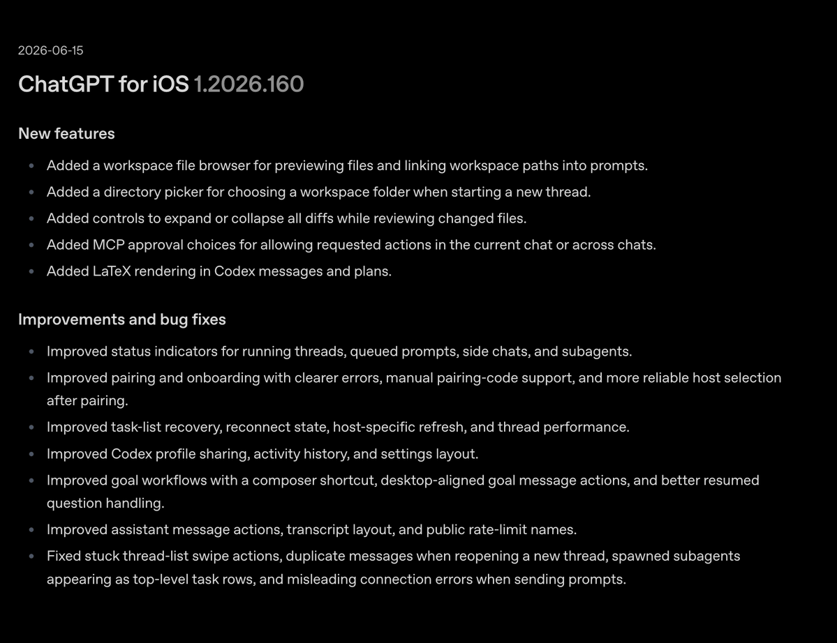 ChatGPT iOS更新，Codex Mobile新增文件浏览器等