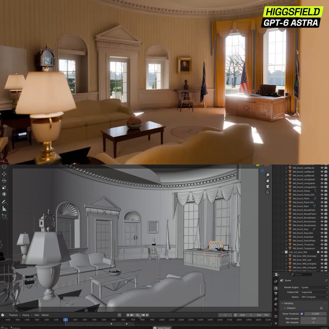 GPT-6 Astra根据描述生成椭圆办公室3D场景并渲染。