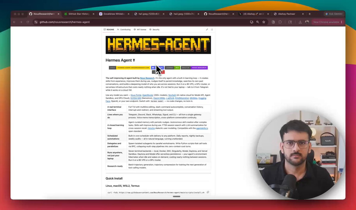 推荐Akshay的Hermes agent构建教程