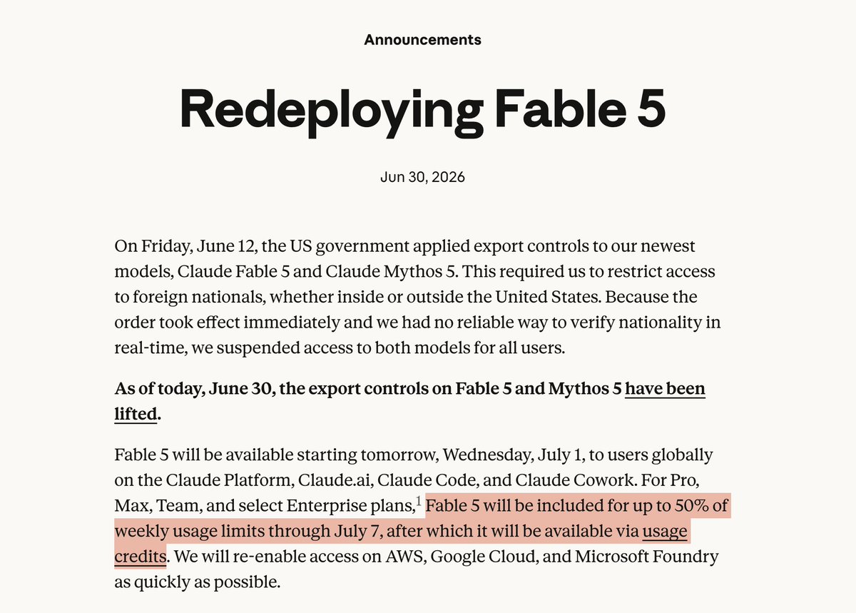 Fable 5将纳入周使用限额的50%，之后转为信用点数