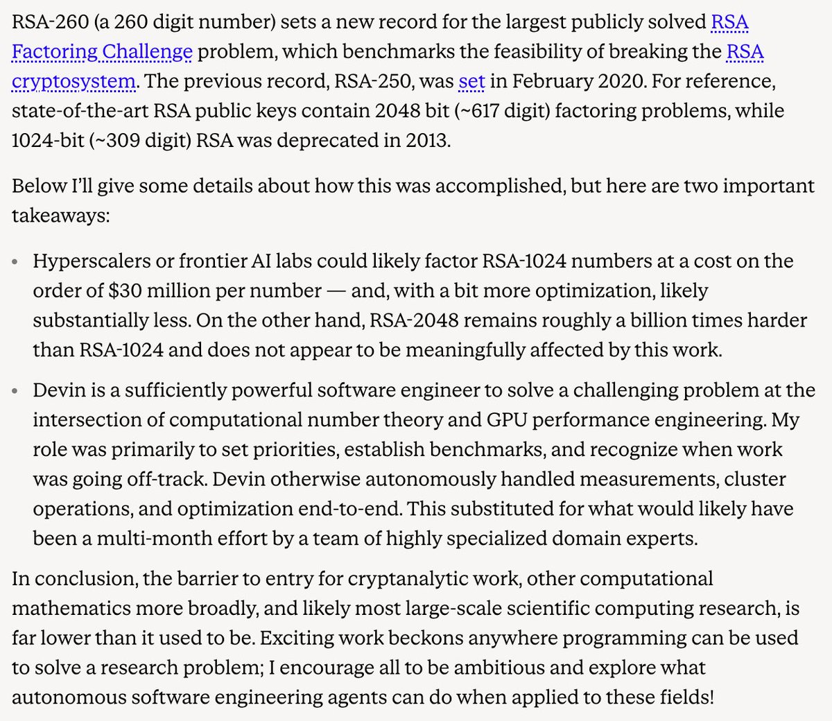 前沿AI实验室或能以约3000万美元/个成本分解RSA-1024