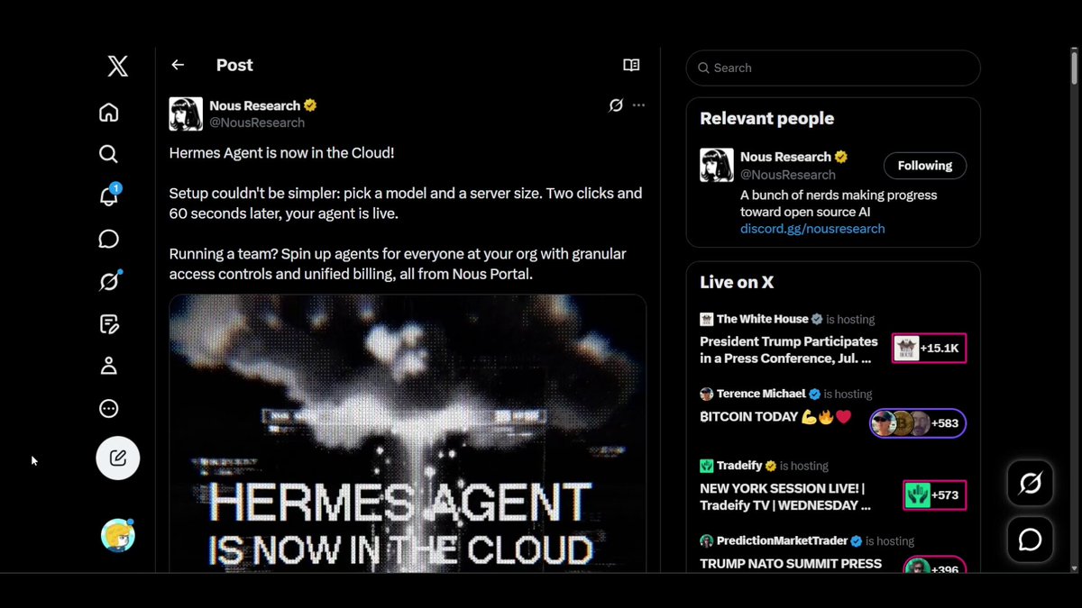 演示60秒在云上设置Hermes agent