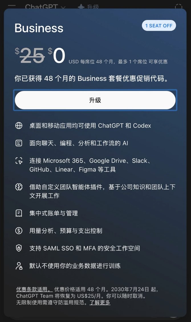 ChatGPT Business 买一赠一优惠持续至2030年