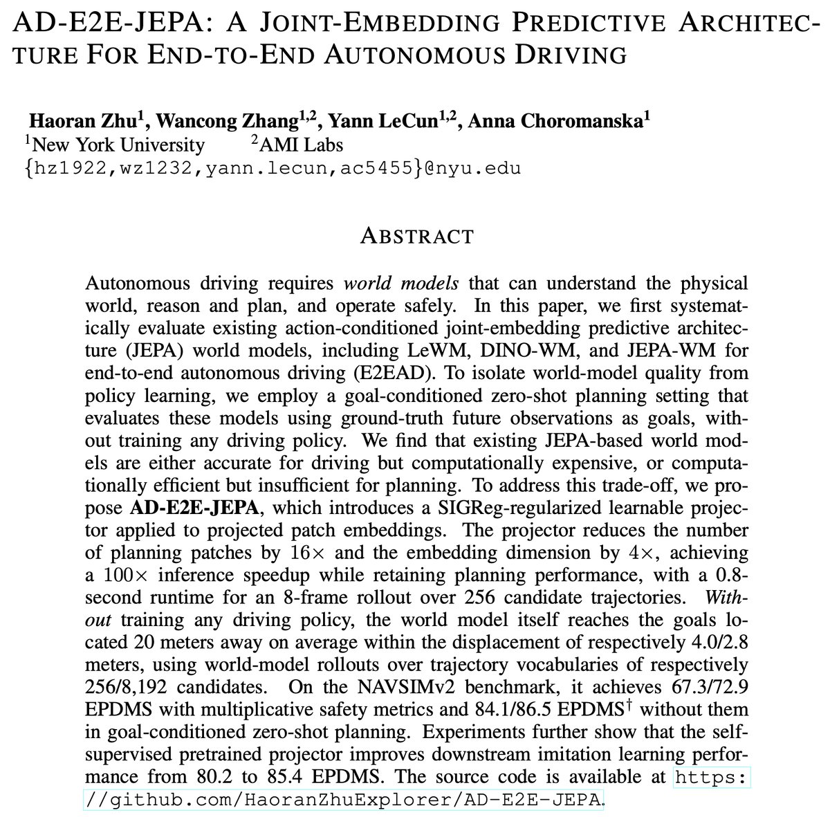 介绍基于JEPA的端到端自动驾驶世界模型AD-E2E-JEPA