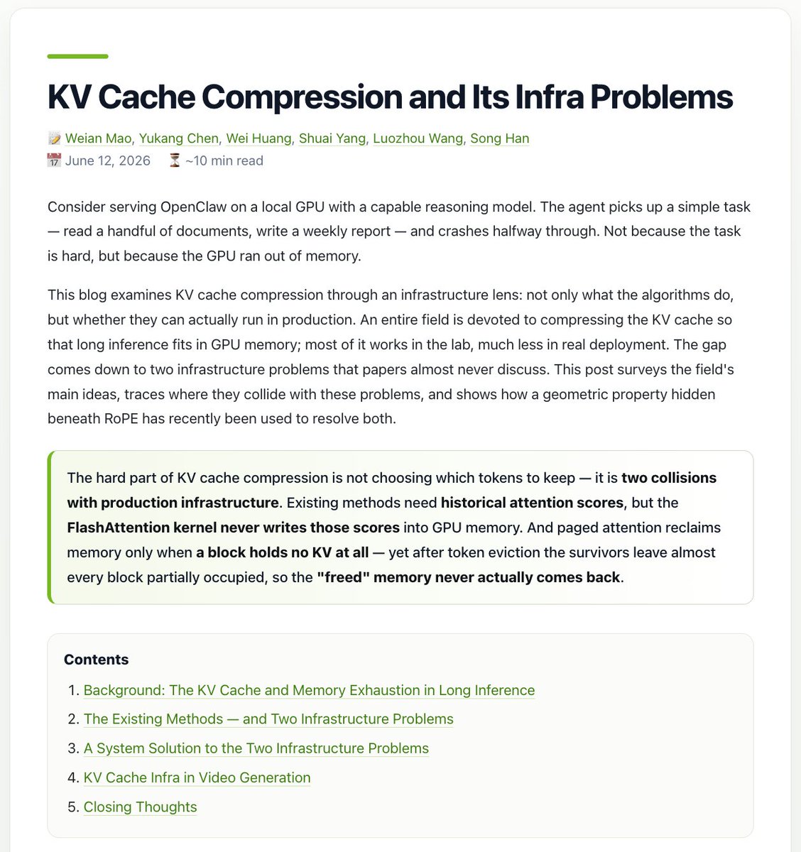 分享KV缓存压缩技术文章，涵盖基础设施挑战与系统级解决方案。