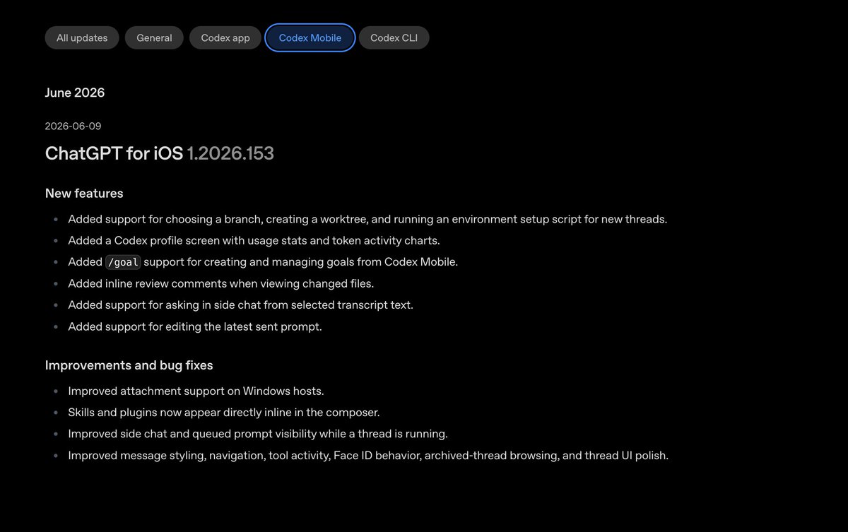 Codex Mobile推出支持/goal UI等新功能