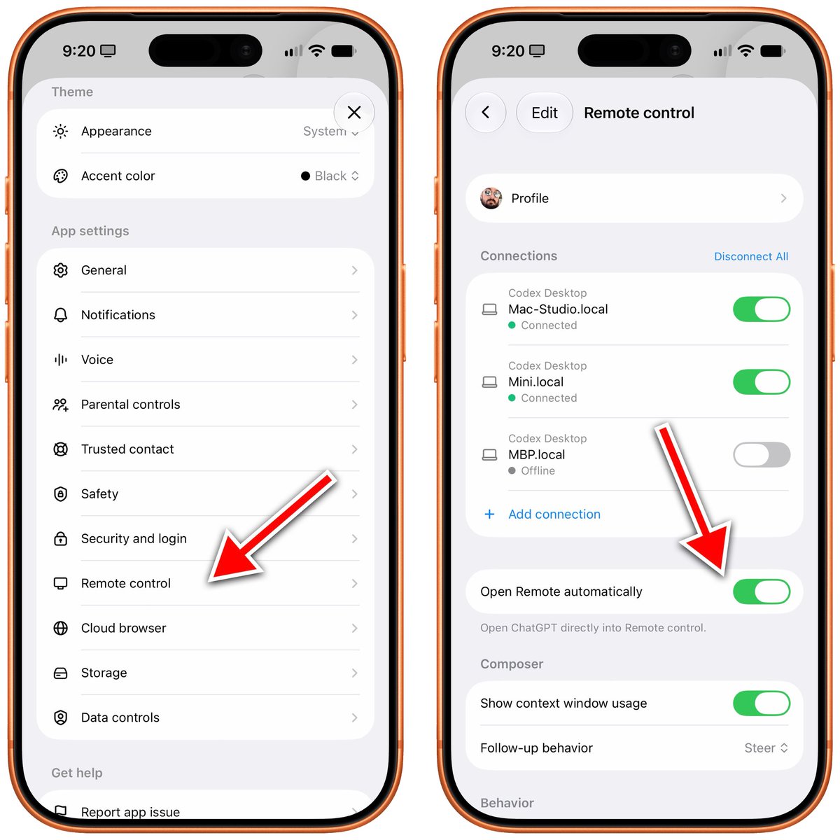 ChatGPT iOS 应用新增启动时默认远程控制的设置。