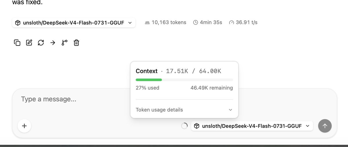 DeepSeek 模型在 M5 Max 上达 55-36 tokens/s，使用 UD-Q2KXL 量化与 MXFP4 草稿模型。